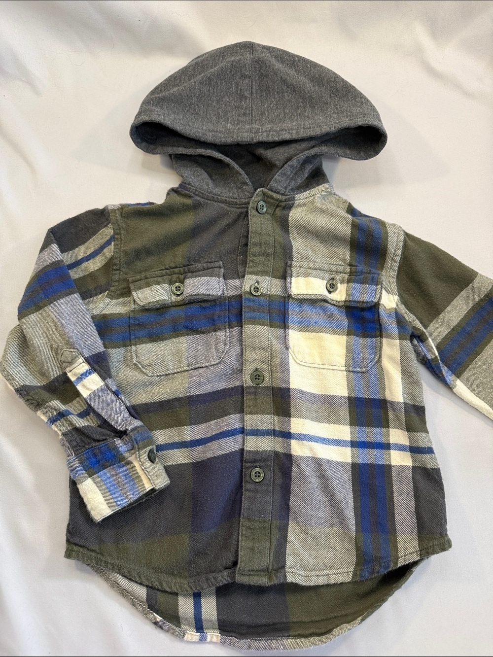 Tucker + Tate Olive, Gray & Blue Plaid Hooded Button-Up
